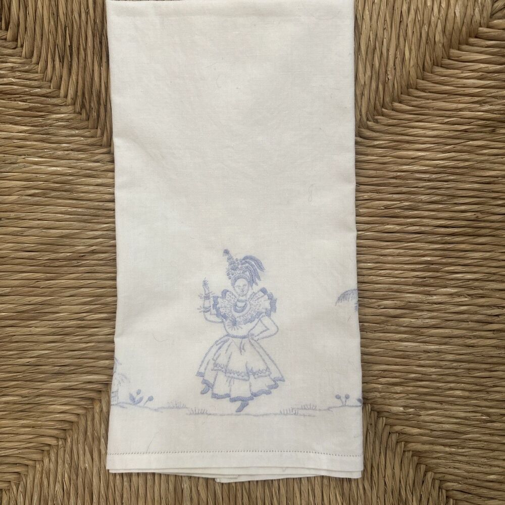 Vintage Tropicana Style tea towel Embroidered in blue 16" Girl Palm Trees
